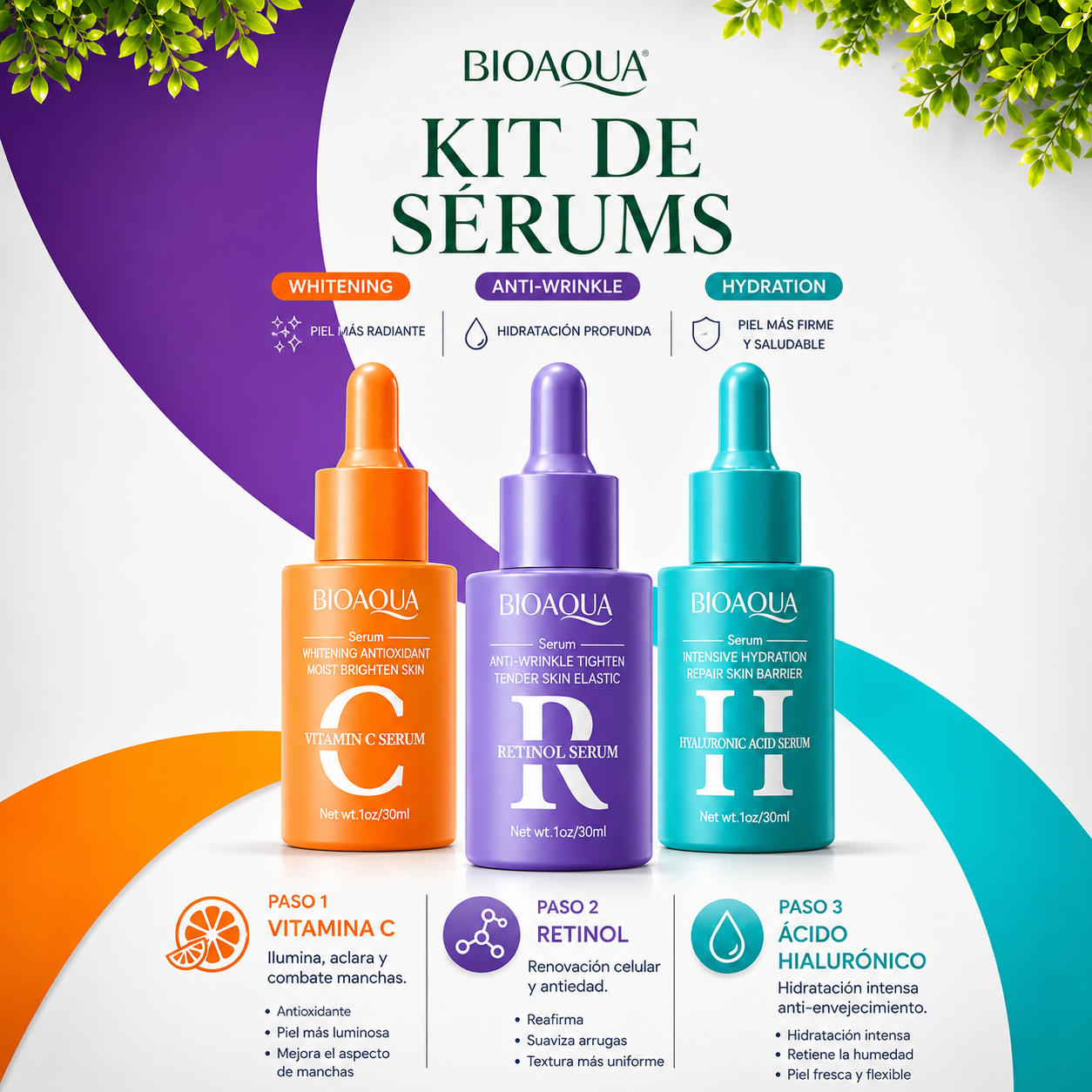 Serum Combination Set Vitamina C + Retinol + Ácido Hialurónico