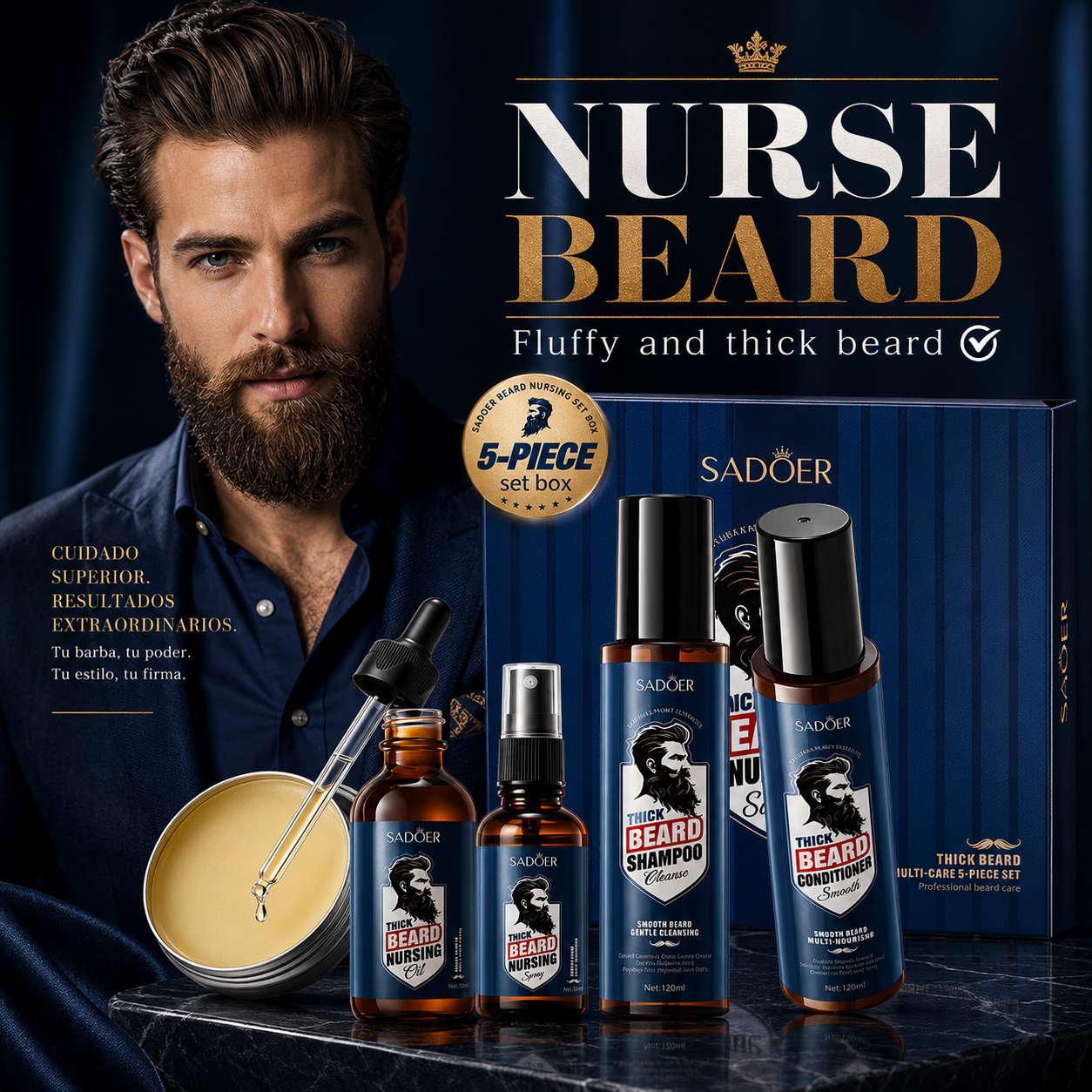 Kit Premium Para El Cuidado Y Crecimiento De Barba Y Bigote (5pzs)