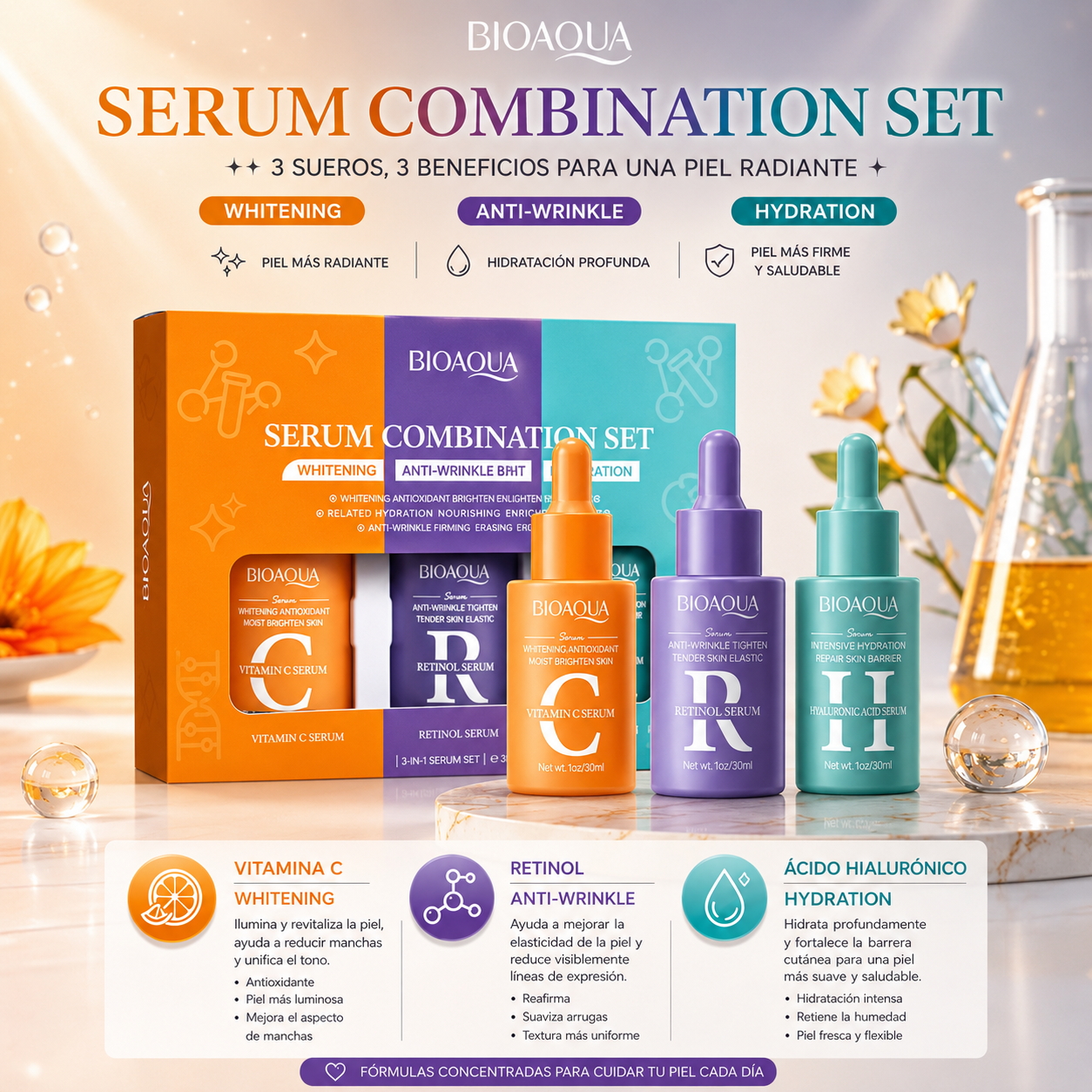 Serum Combination Set Vitamina C + Retinol + Ácido Hialurónico